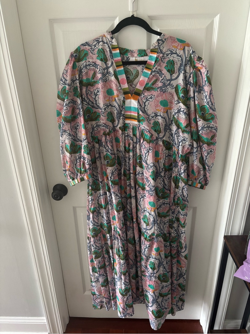 Floral Pink Maxi Dress with Green Accents